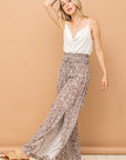 And The Why Printed Smocked Waist Slit Wide Leg Pants