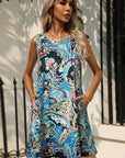 Printed Round Neck Sleeveless Dress with Pockets - Online Only