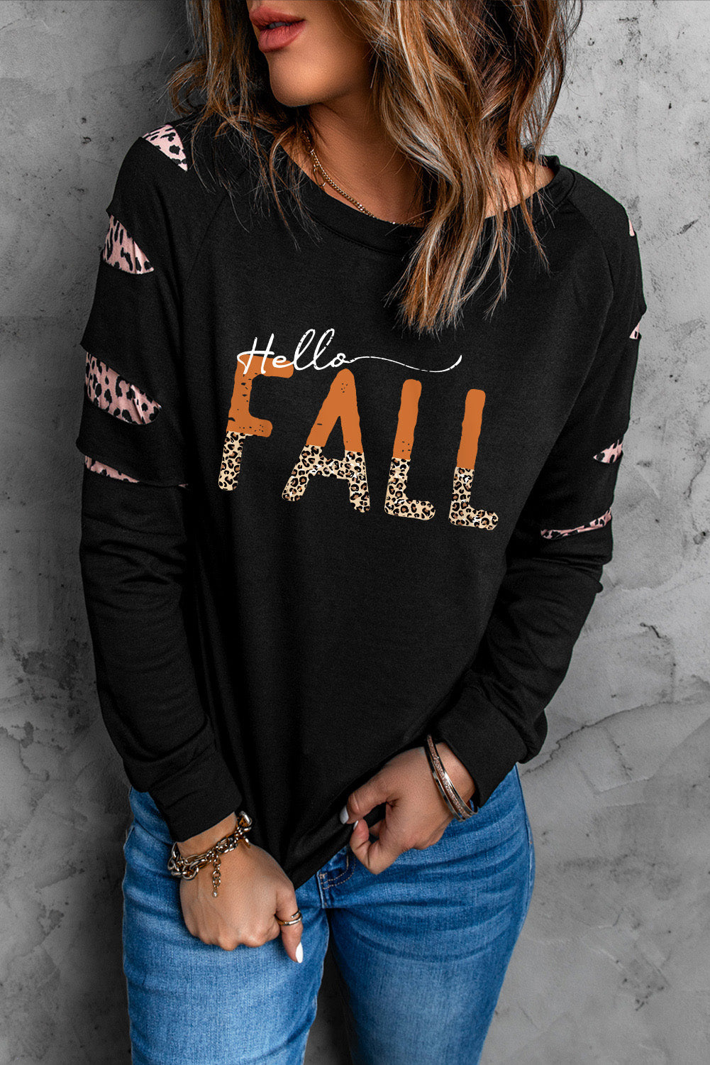 Leopard Long Sleeve Round Neck HELLO FALL Graphic Sweatshirt - Online Only