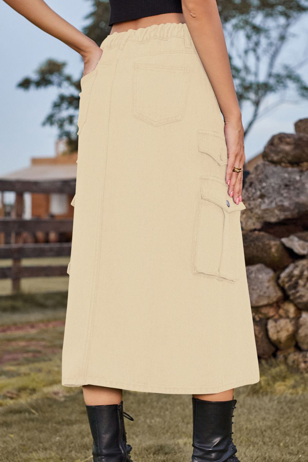 Slit Front Midi Denim Skirt with Pockets - Online Only
