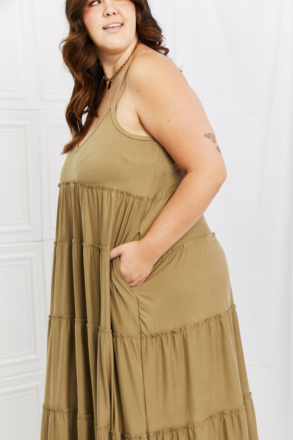 Zenana Spaghetti Strap Tiered Dress with Pockets in Khaki - Online Only