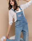 POL Front Chest Zipper Slim Leg Denim Overalls