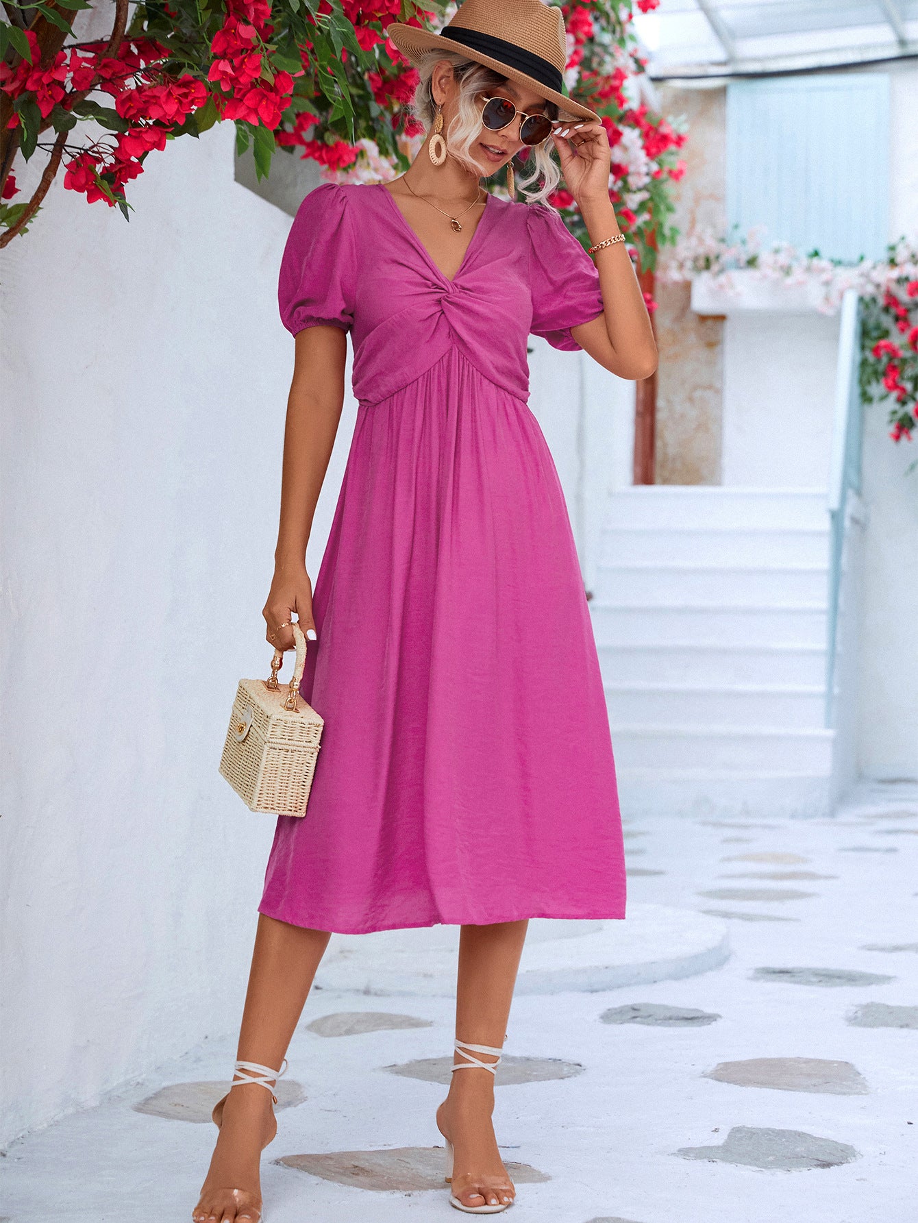 Twisted Short Puff Sleeve V-Neck Dress - Online Only