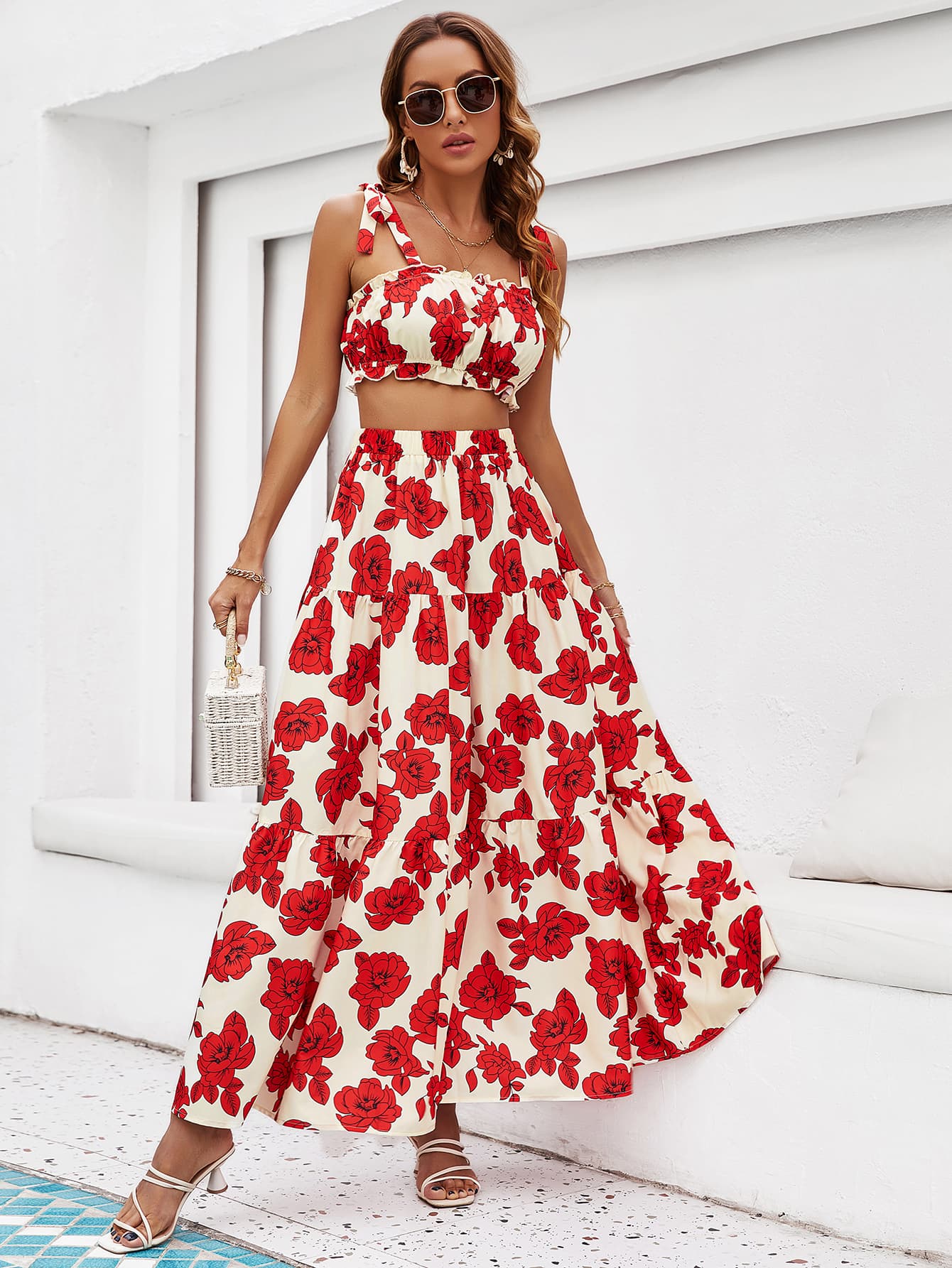 Floral Tie Shoulder Top and Tiered Maxi Skirt Set - Online Only