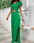 V-Neck Ruffle Hem Top and Slit Pants Set - Online Only