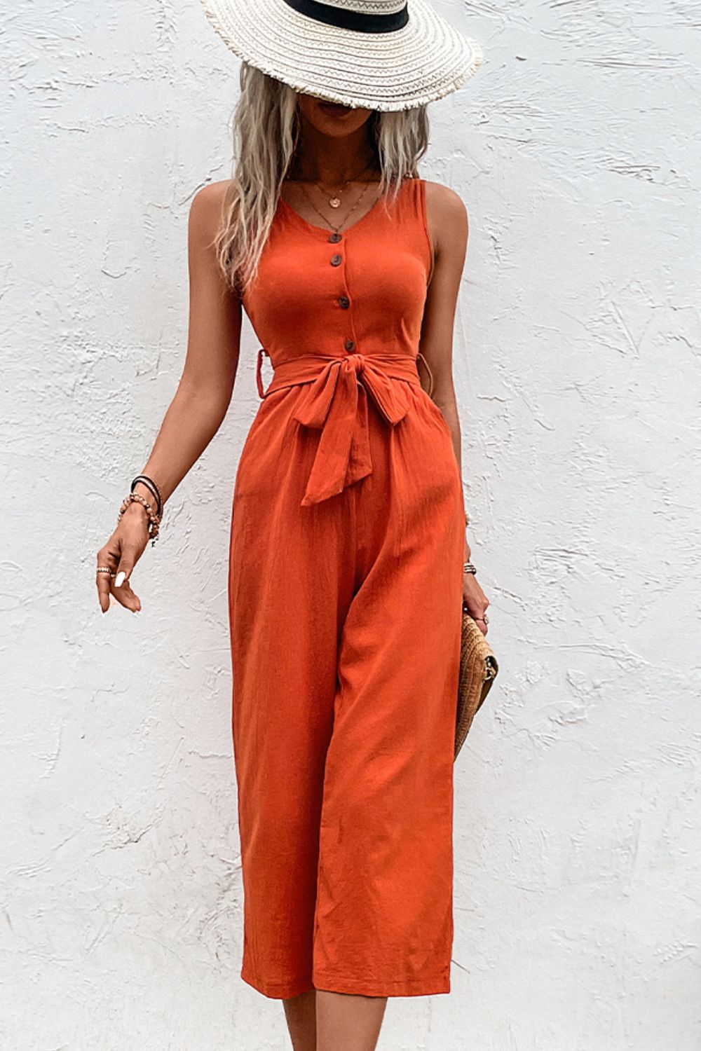 Tie Belt Sleeveless Jumpsuit with Pockets - Online Only