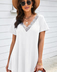 Lace Trim Waffle-Knit V-Neck Top - Online Only