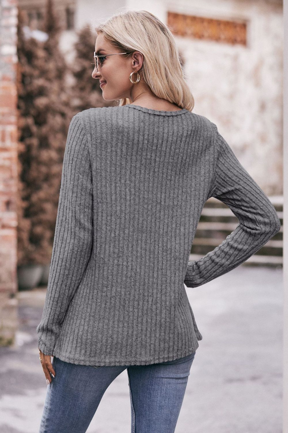 Ribbed Round Neck Buttoned Long Sleeve Tee - Online Only