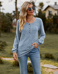 Round Neck Button-Down Long Sleeve Tee - Online Only