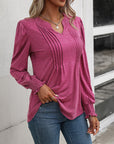 Ruched Notched Neck Puff Sleeve Smocked Wrist Blouse - Online Only