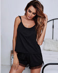 Gathered Detail Spliced Mesh Sleeveless Top and Shorts Lounge Set - Online Only