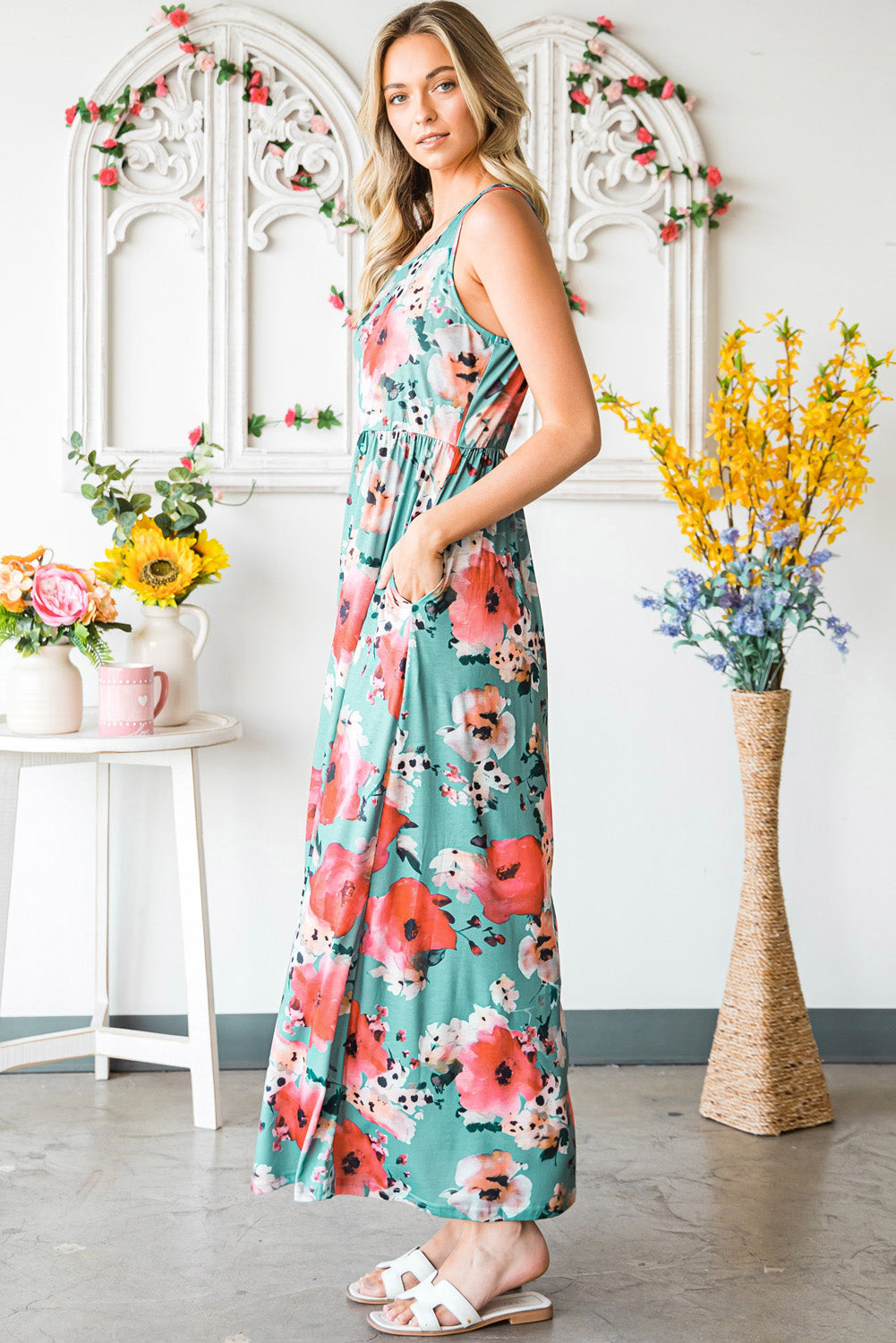Floral Sleeveless Maxi Dress with Pockets - Online Only