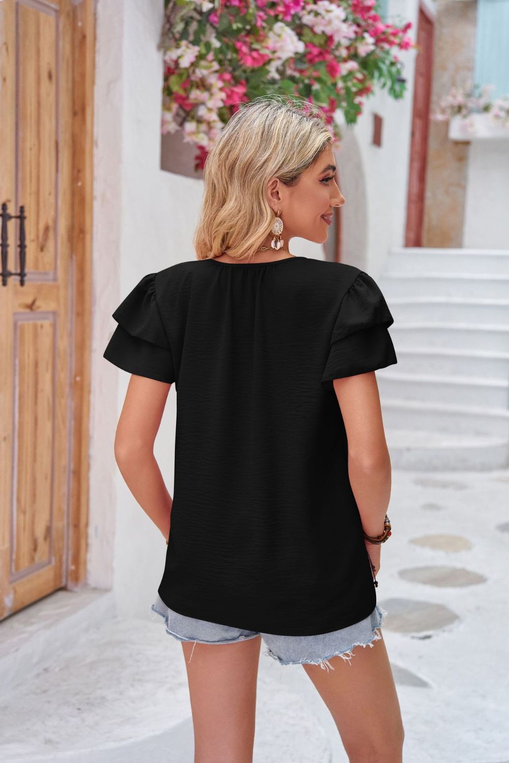 Layered Flutter Sleeve Tie Neck Top - Online Only