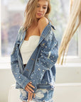 BiBi Pearl Detail Distressed Button Up Denim Jacket