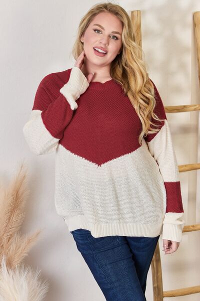 Hailey &amp; Co Full Size Color Block Dropped Shoulder Knit Top