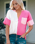 Color Block Textured Johnny Collar Blouse - Online Only