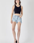 RISEN Frayed Hem Denim Shorts with Fringe Detail Pockets