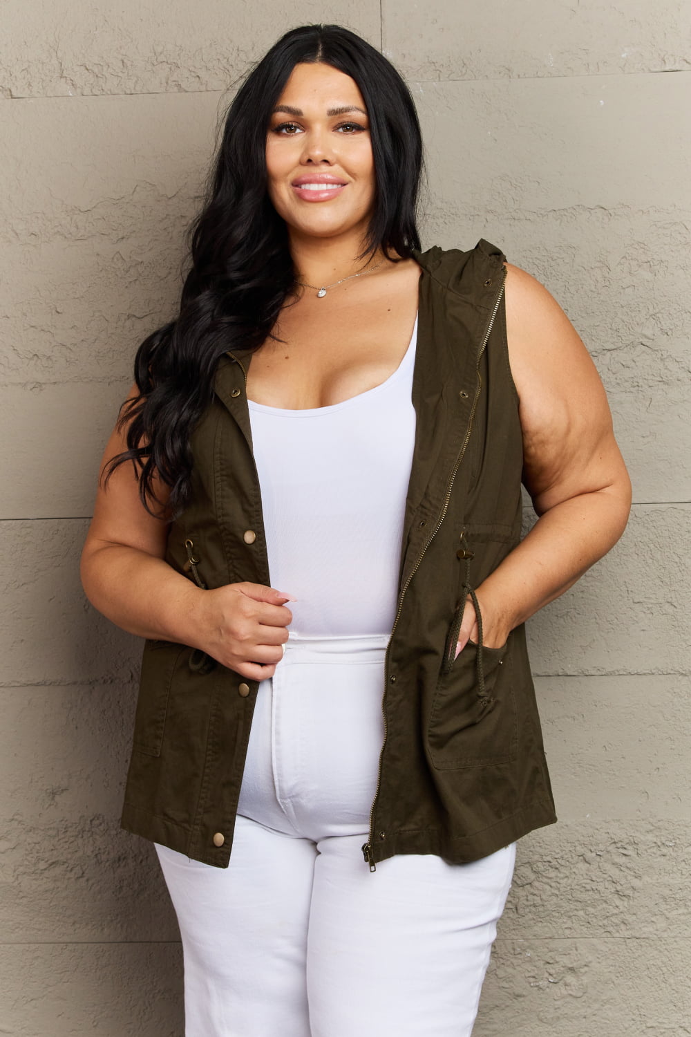 Zenana More To Come Full Size Military Hooded Vest - Online Only