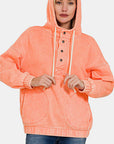 Zenana Drawstring Half Snap Dropped Shoulder Hoodie