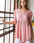 Heimish Full Size Waffle Knit V-Neck Babydoll Top