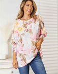 Double Take Floral Round Neck Three-Quarter Sleeve Top