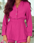 Buttoned Notched Neck Long Sleeve Romper - Online Only