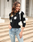 Flower Pattern Round Neck Short Sleeve Pullover Sweater - Online Only