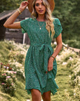 Belted Round Neck Petal Sleeve Mini Dress - Online Only