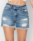 RISEN Stepped Waist Frayed Denim Shorts