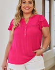 Plus Size Notched Neck Buttoned Flutter Sleeve Blouse - Online Only