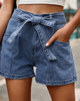 Tie Belt Denim Shorts with Pockets - Online Only