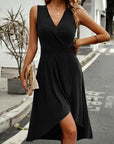Surplice Neck Pleated Detail Sleeveless Dress - Online Only