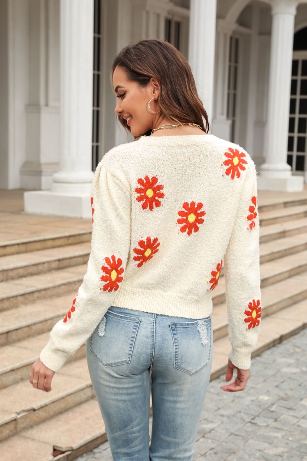 Flower Pattern Round Neck Short Sleeve Pullover Sweater - Online Only