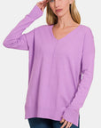 Zenana Slit V-Neck Dropped Shoulder Sweater