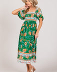 SAGE + FIG Printed Smocked Short Sleeve Midi Dress