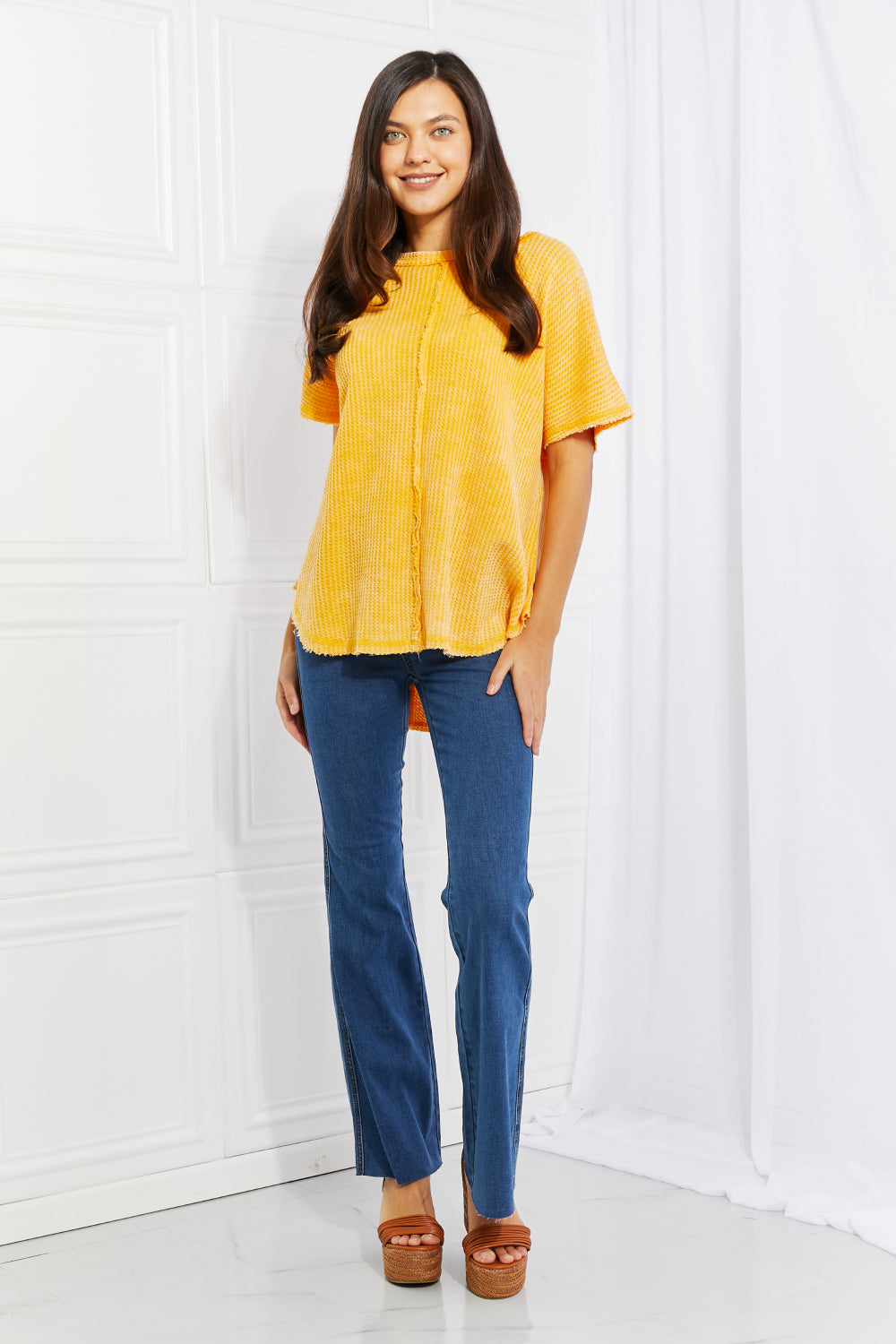 Zenana Start Small Washed Waffle Knit Top in Yellow Gold - Online Only