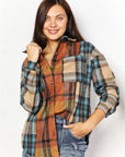 Double Take Plaid Curved Hem Shirt Jacket with Breast Pockets