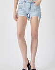 RISEN Frayed Hem Denim Shorts with Fringe Detail Pockets