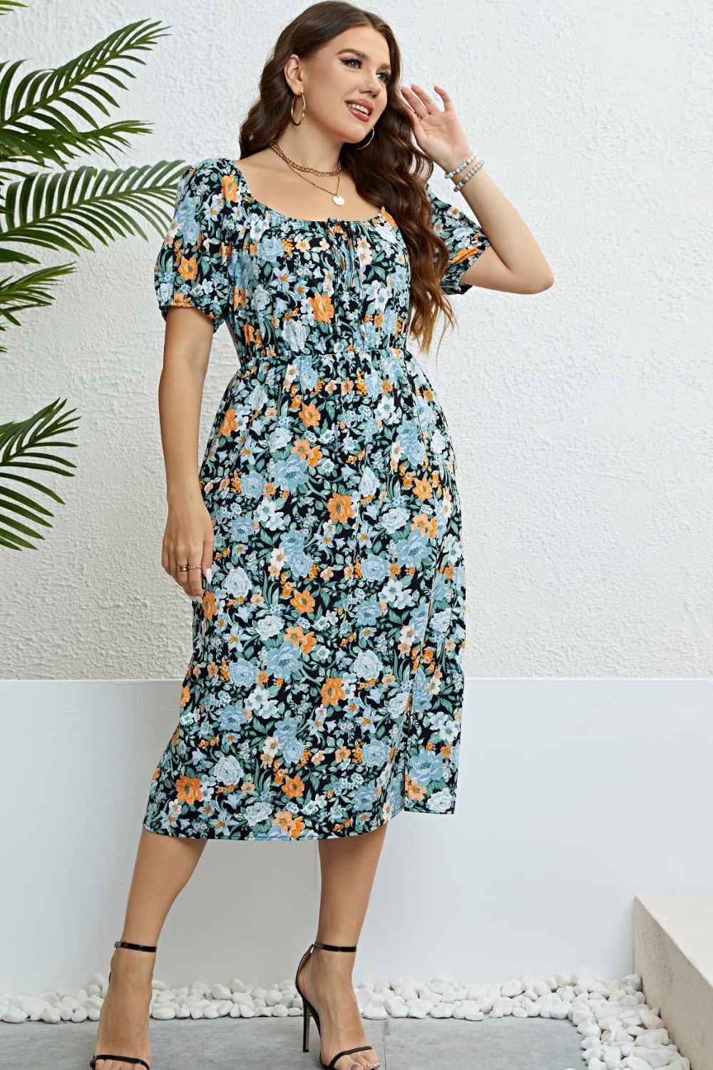 Floral Split Short Sleeve Dress - Online Only