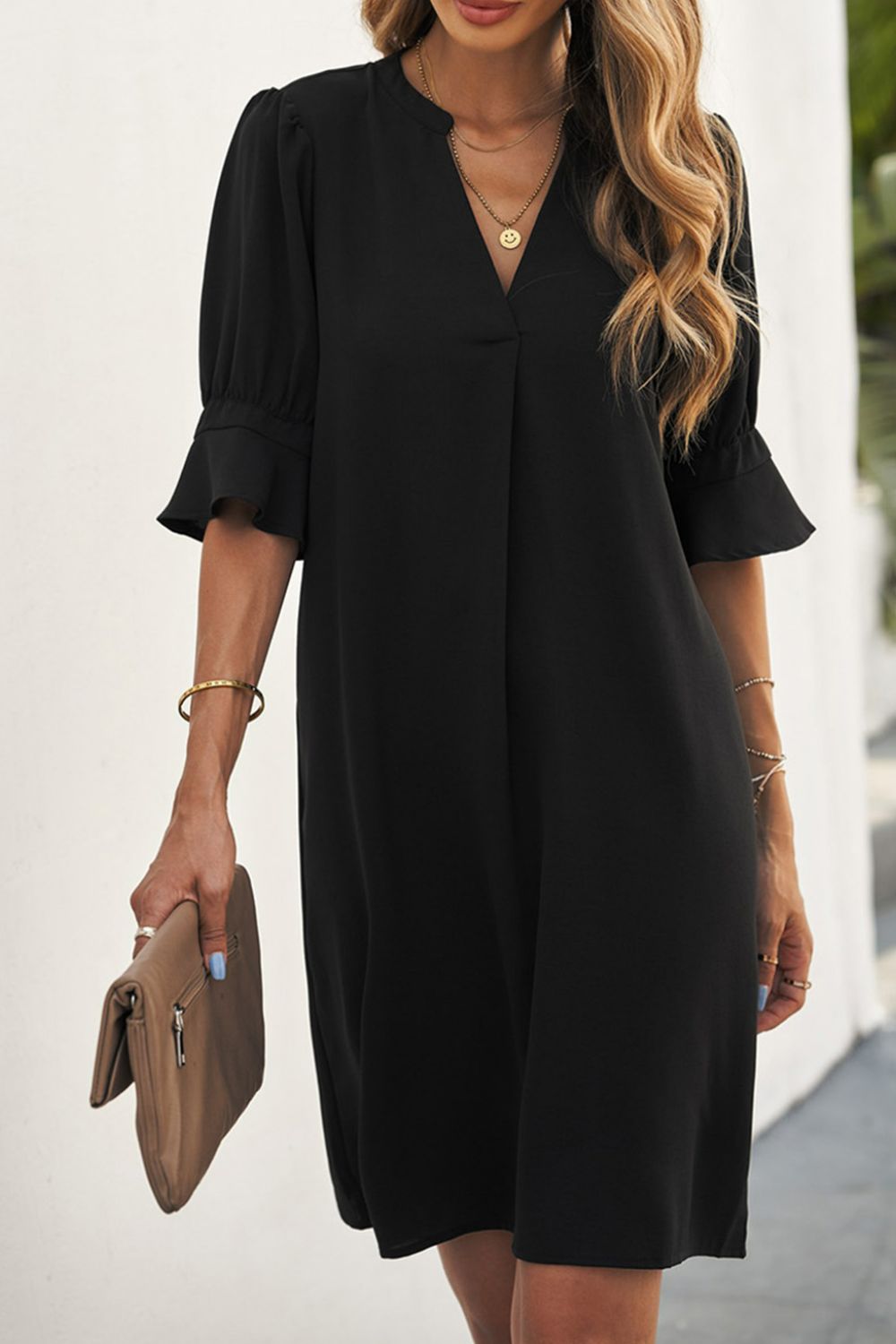 Puff Sleeve Notched Mini Shift Dress - Online Only