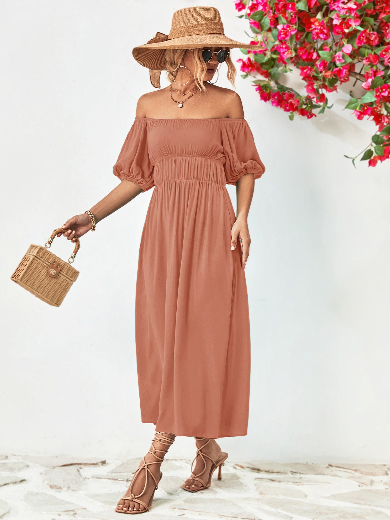Off-Shoulder Balloon Sleeve Midi Dress - Online Only