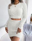 Cable-Knit Round Neck Top and Skirt Sweater Set