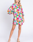 GeeGee Full Size Floral Round Neck Lantern Sleeve Mini Dress