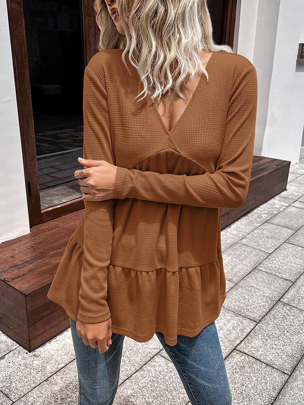 Waffle-Knit V-Neck Long Sleeve Blouse - Online Only