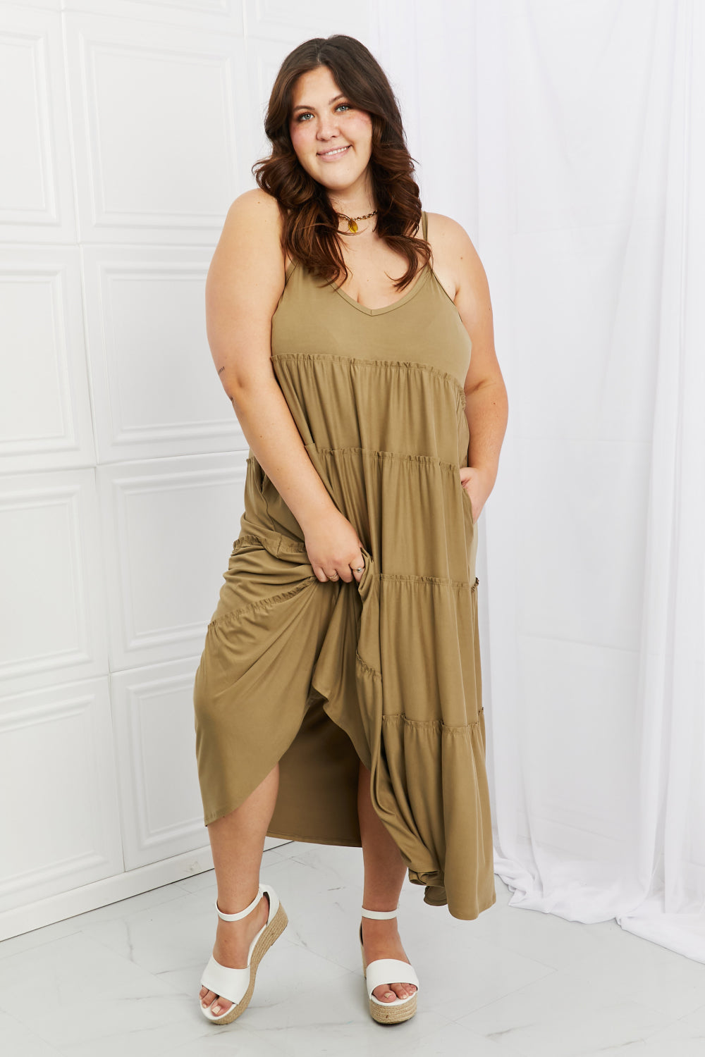 Zenana Spaghetti Strap Tiered Dress with Pockets in Khaki - Online Only