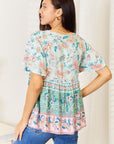 Double Take Floral Tie Neck Short Sleeve Blouse