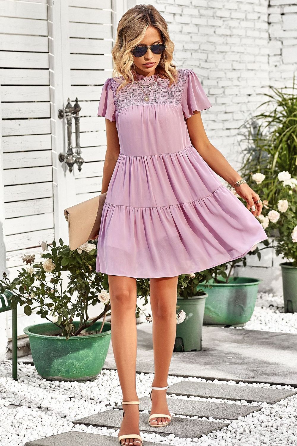 Smocked Puff Sleeve Tiered Mini Dress - Online Only