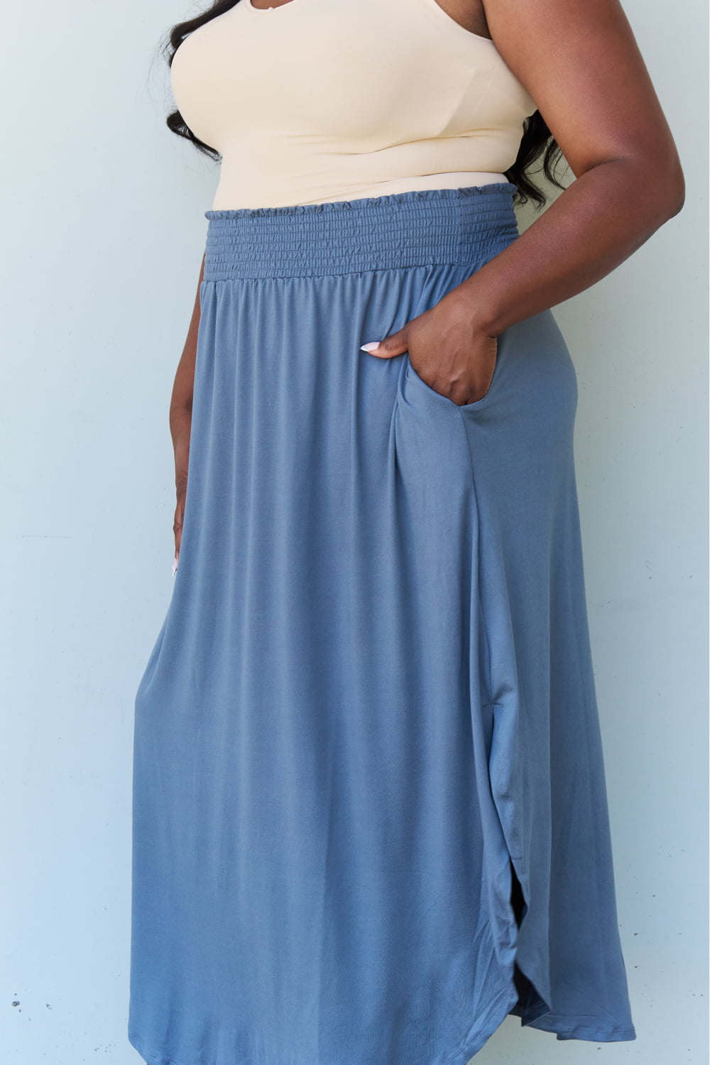 Doublju Comfort Princess High Waist Scoop Hem Maxi Skirt in Dusty Blue - Online Only