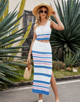 Striped Openwork Cropped Tank and Split Skirt Set - Online Only