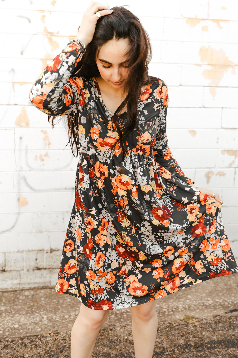Floral Print Long Sleeve Dress - Online Only